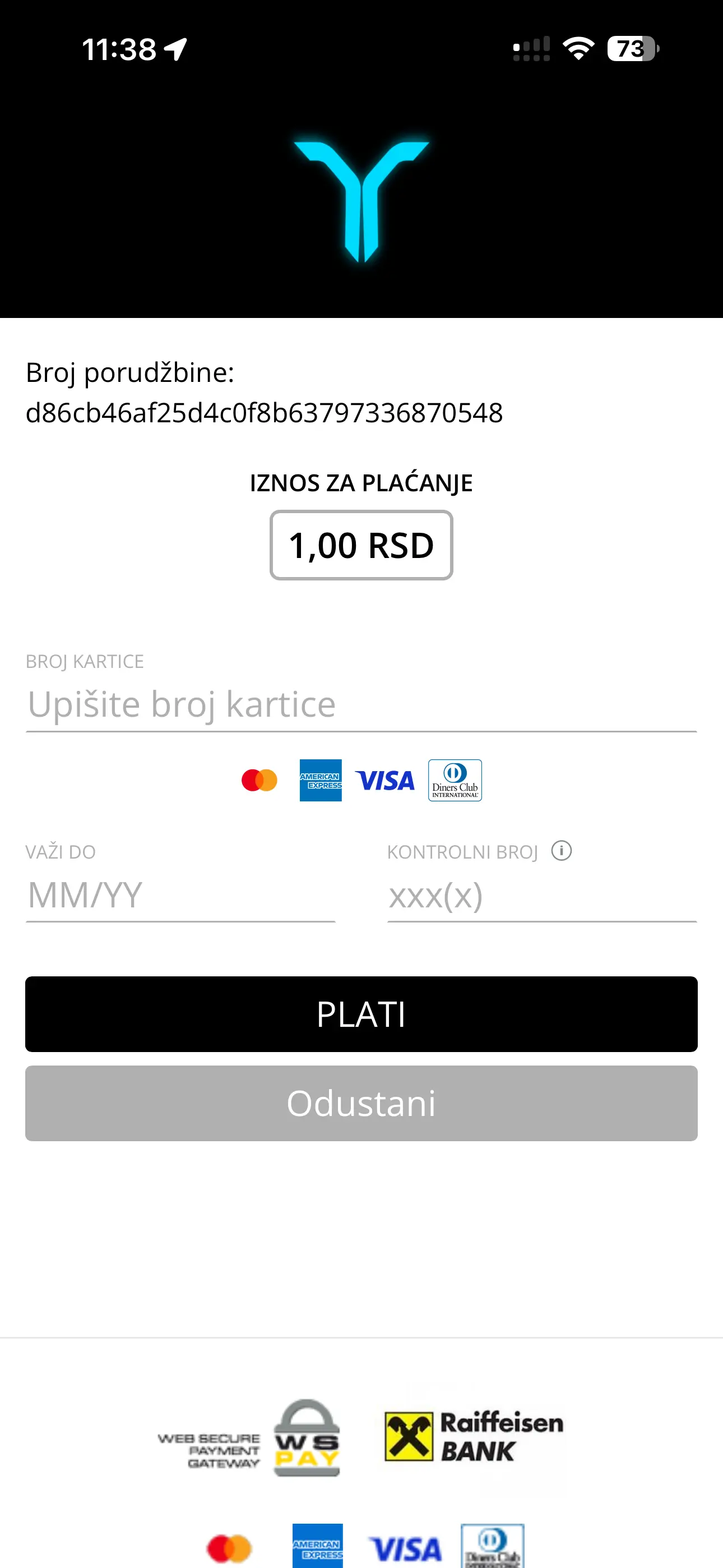 YESLA payment card verification screen